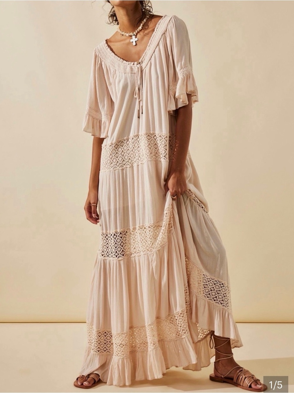 Free People Dream On Maxi Dress LV-Neck Tie Flutter Sleeve Boho Tiered Ruffle S